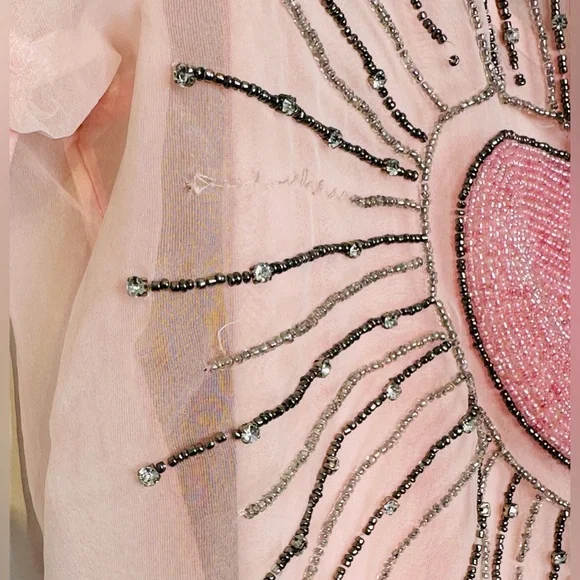 Anthropologie Maeve Pink Sheer Beaded Embroidered Short Sleeve Mini Dress NWT - Picture 10 of 15